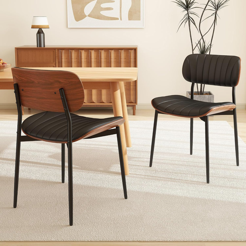 PU Leather Dining Chairs Set of 2 with Walnut Bentwood, Black