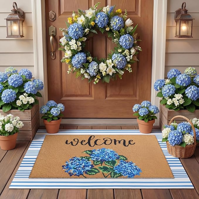 Tinideya 2 Pcs Hydrangea Door Mat Blue and White Stripe Welcome Non Slip Flow...