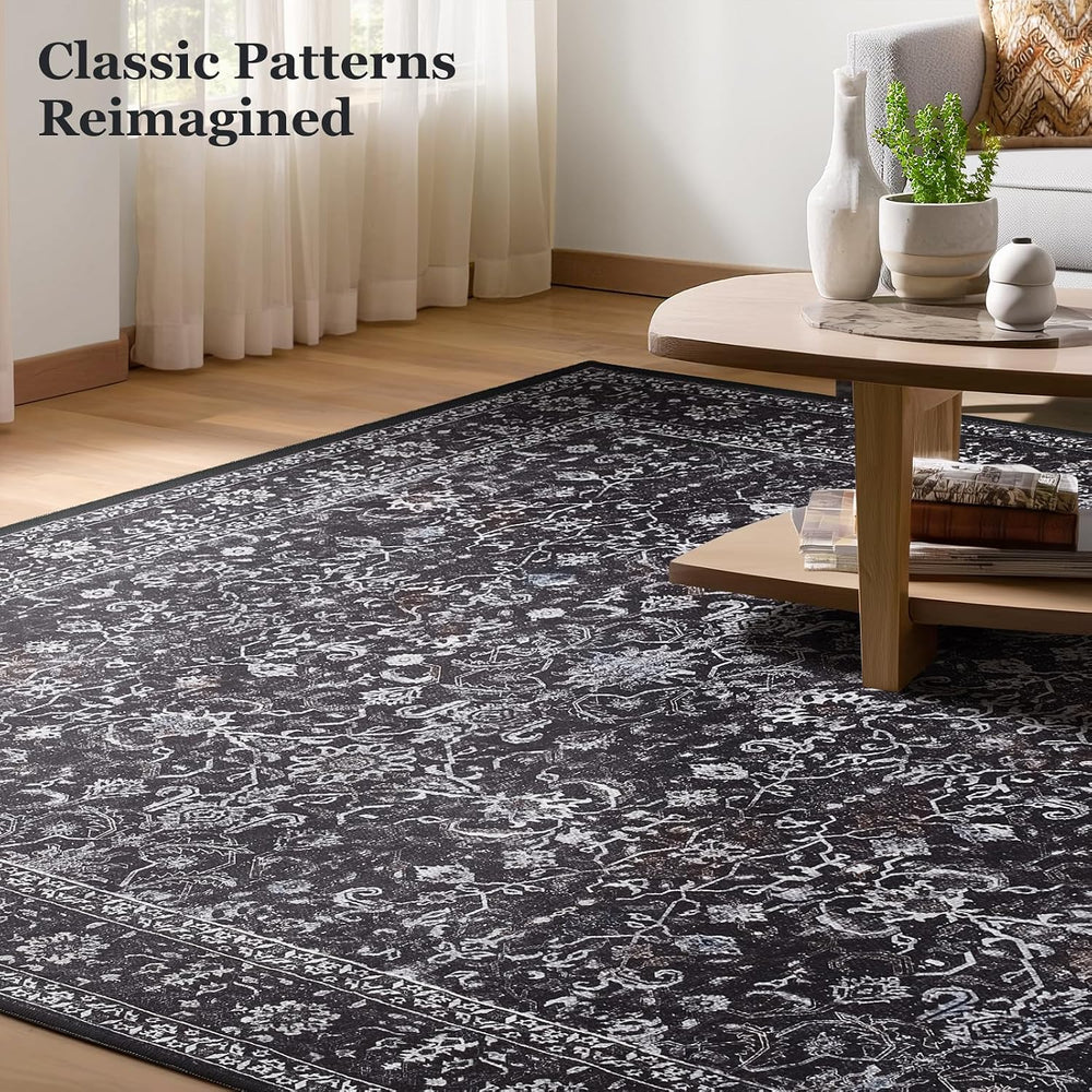 Washable Dark 5x8 Area Rugs, Vintage Farmhouse Earth Tone Carpet for Living R...