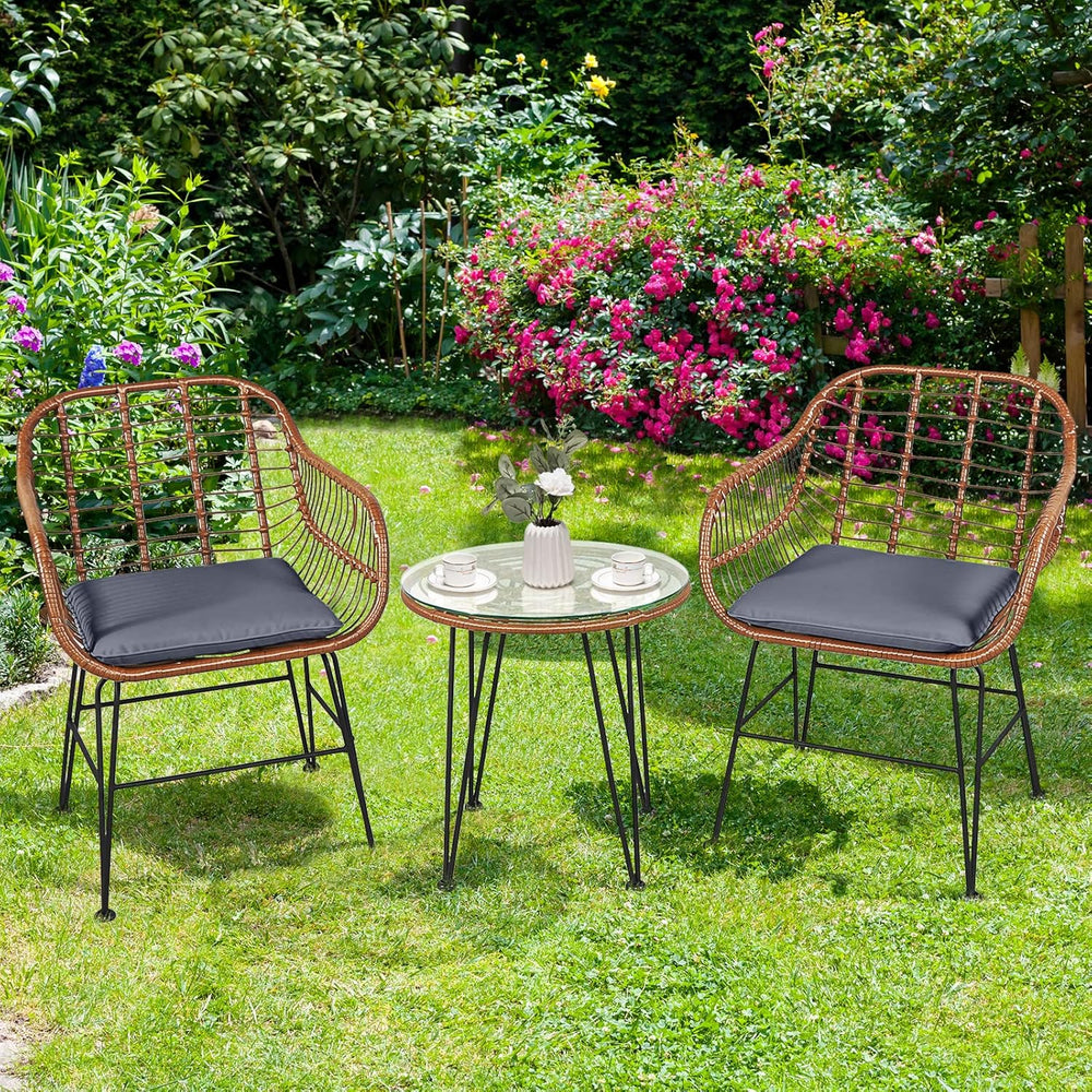 Tangkula 3 Pieces Patio Conversation Bistro Set, Outdoor Wicker Furniture w/R...