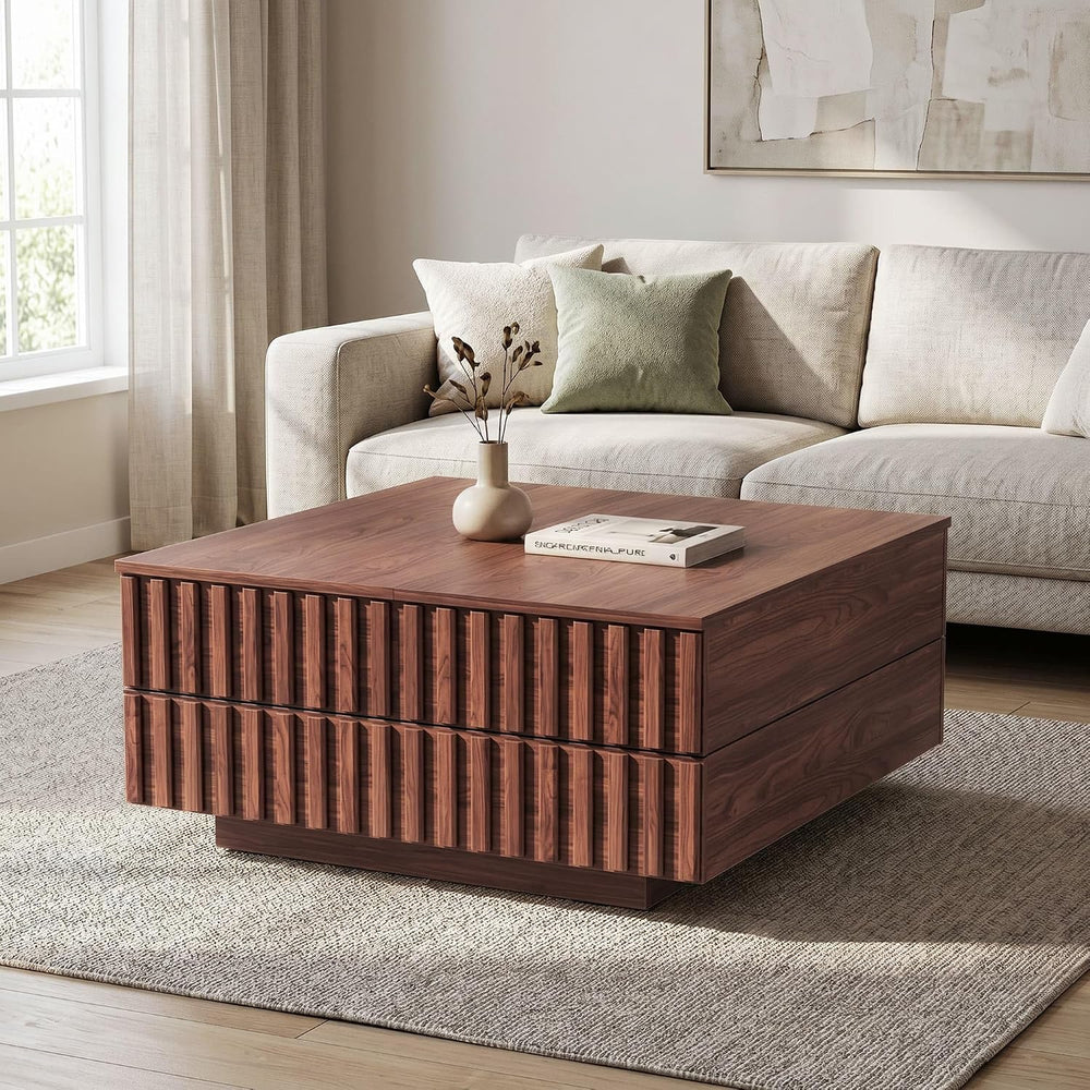 32-Inch Square Coffee Table with Storage, Sliding Top, Walnut