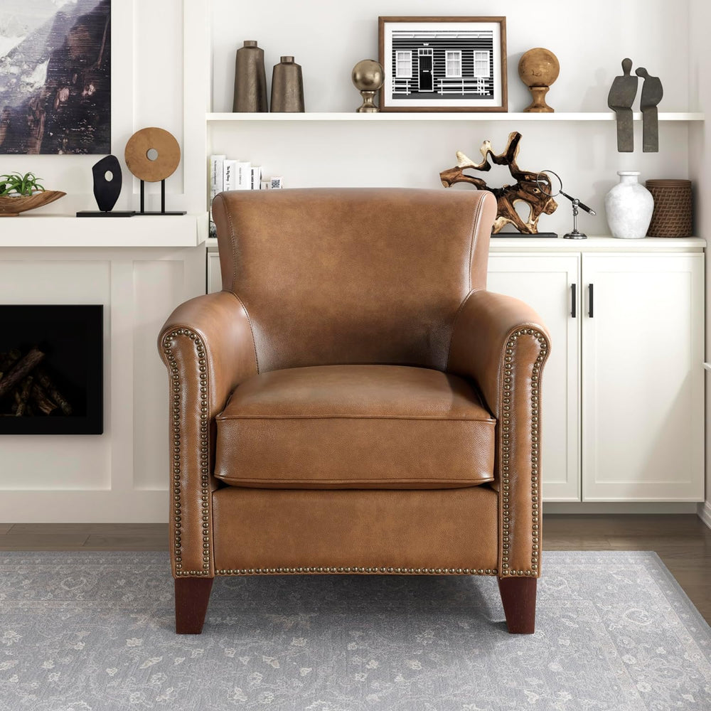 Lexicon Top Grain Genuine Leather Chair, Rolled Armrest, Brown