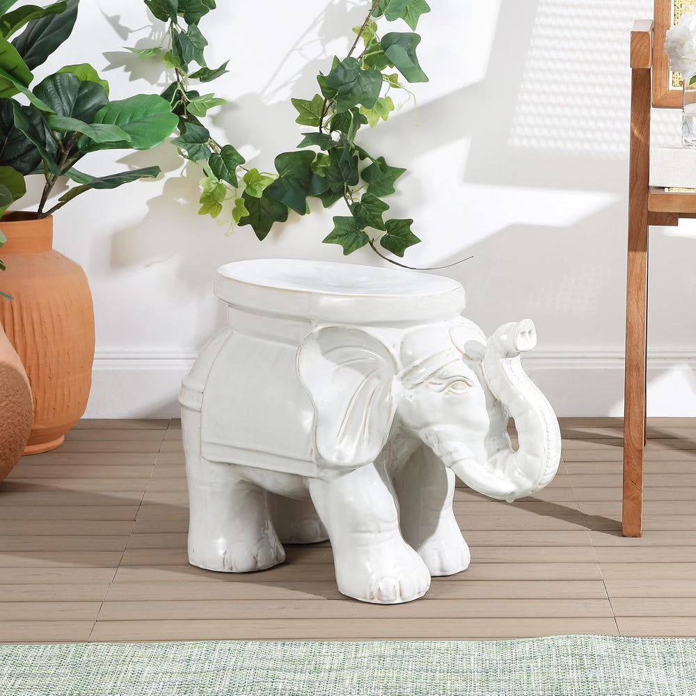 JONATHAN Y White Elephant Ceramic Garden Stool 14.25", Antique White