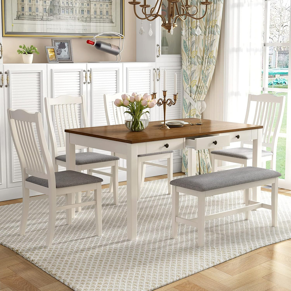 LUMISOL 6-Piece Dining Table Set with Bench, Farmhouse Solid Wood Kitchen Tab...