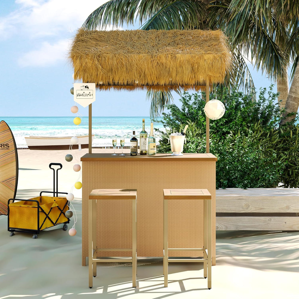 LUMISOL 3pcs Outdoor Bar Set, Hawaiian Style Bar Height Patio Set with PE Gra...