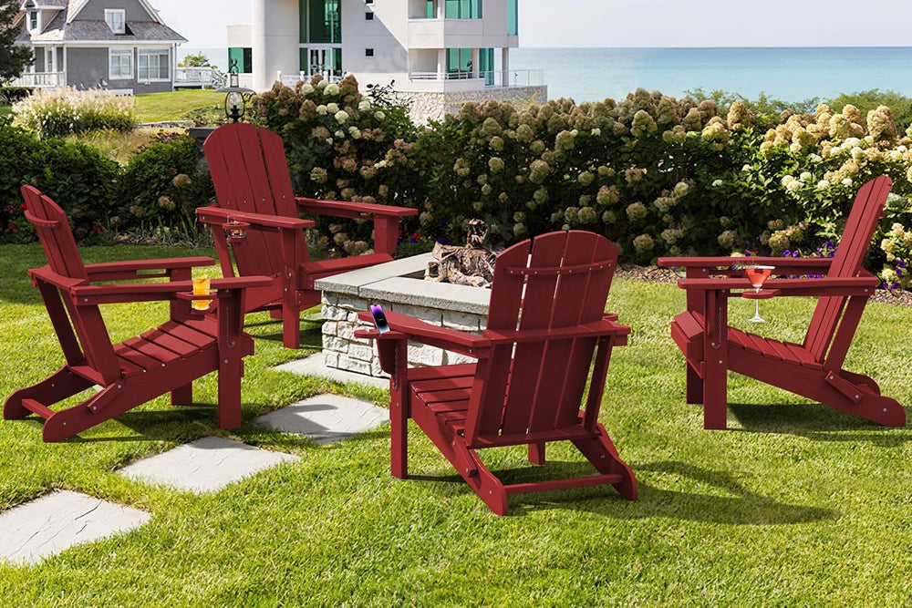 SERWALL Outdoor Adirondack Chairs with 2 Cup Holders,Foldable,Red