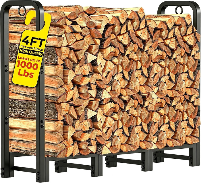 Amagabeli 4ft Firewood Rack Stand Adjustable Indoor Outdoor Fireplace Log Holder Heavy Duty Metal Wood Pile Storage Organizer Wrought Iron Lumber Stacker for Patio Black