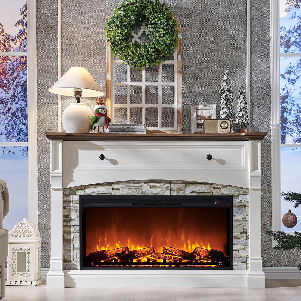 OKD 52" Farmhouse Electric Fireplace w/Mantel & Sime-Open Cubby