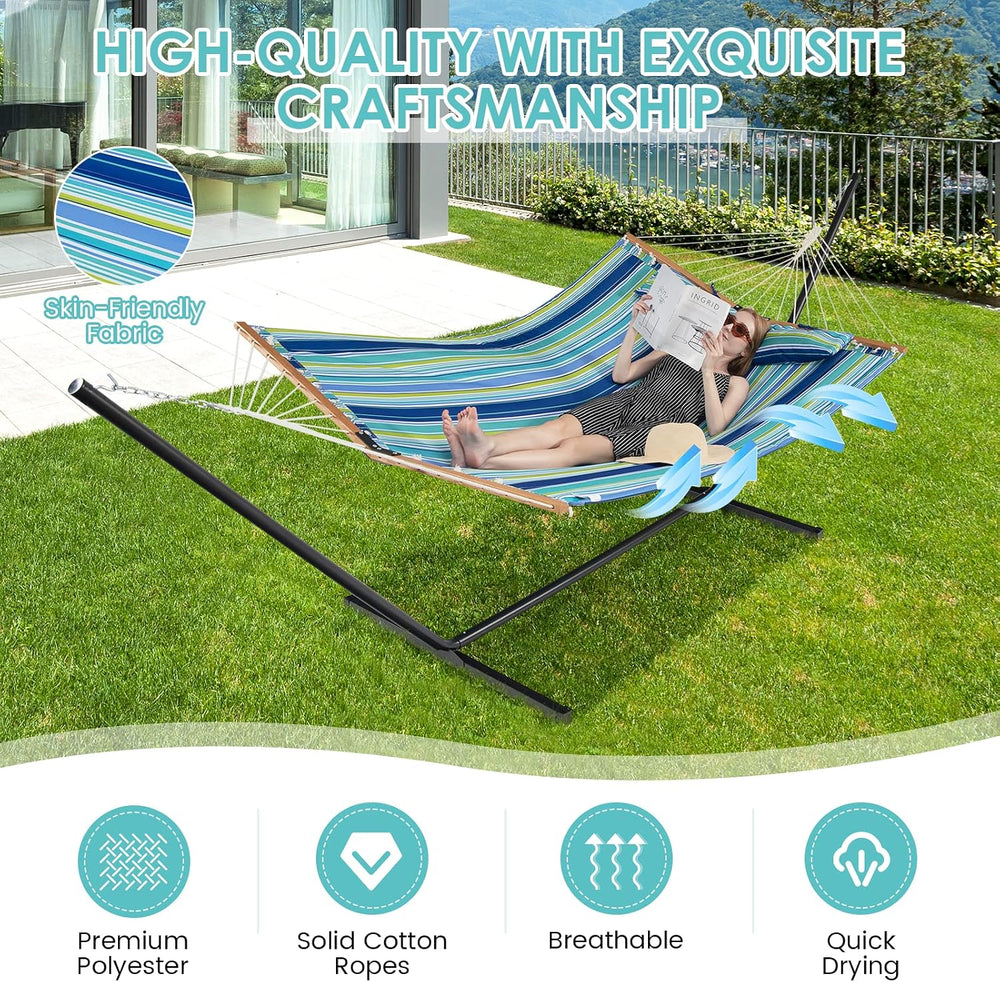 Tangkula 10.5FT Heavy Duty Double Hammock w/Detachable Pillow (Blue+Green)
