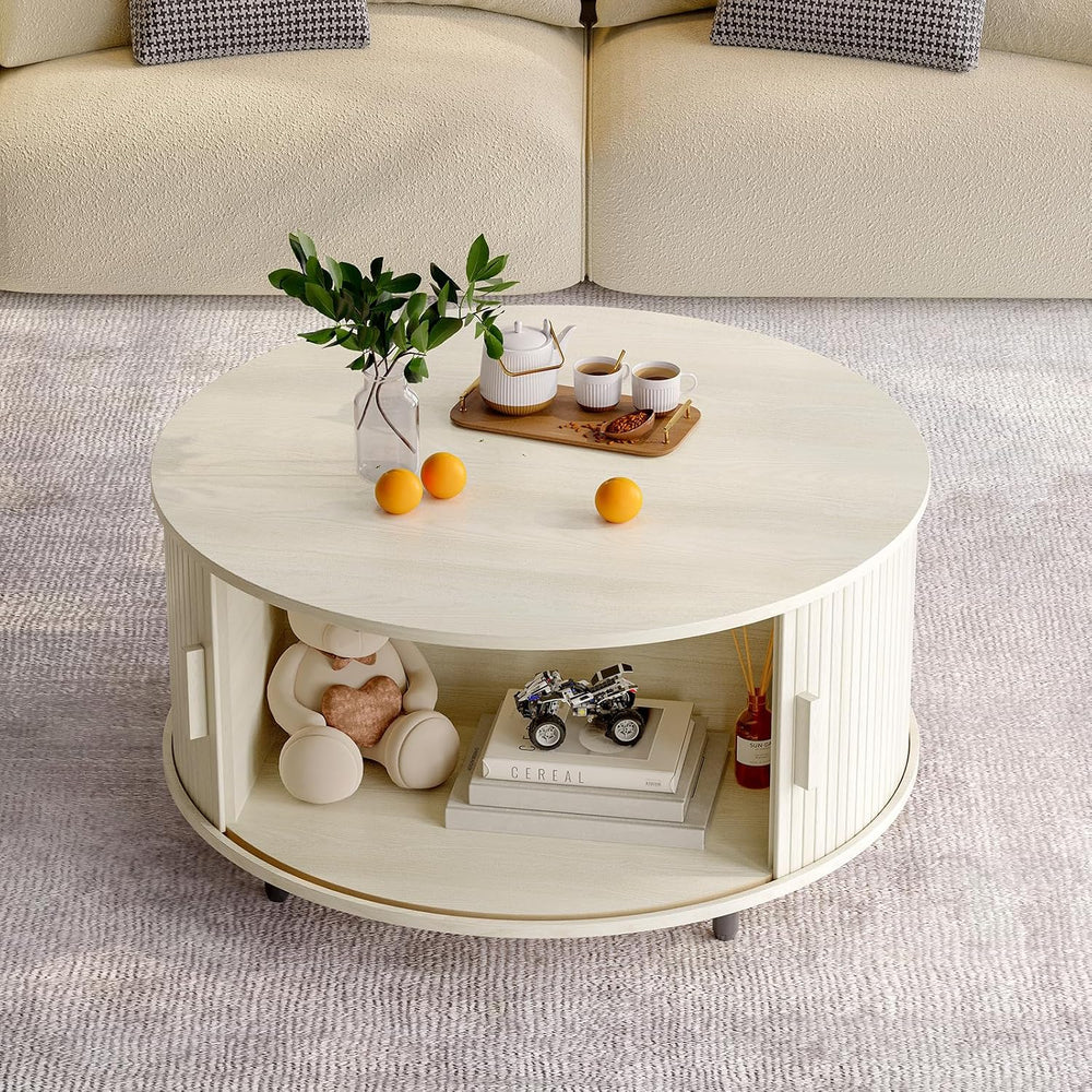 ONBRILL 31.5" Round Coffee Table w/Storage Adjustable Footpad Natural White