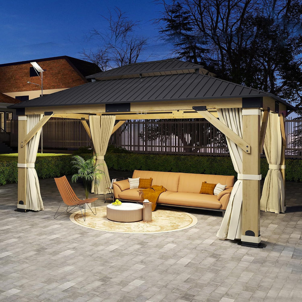 13'x15' Wood Gazebo, Outdoor Solid Wooden Gazebo with Double Roof Gal...