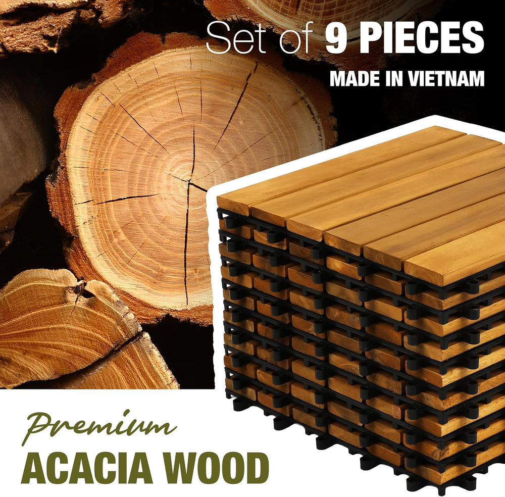 Acacia Wood Interlocking Deck Tiles, Patio & Backyard Tile, 12 in, 9 PCS