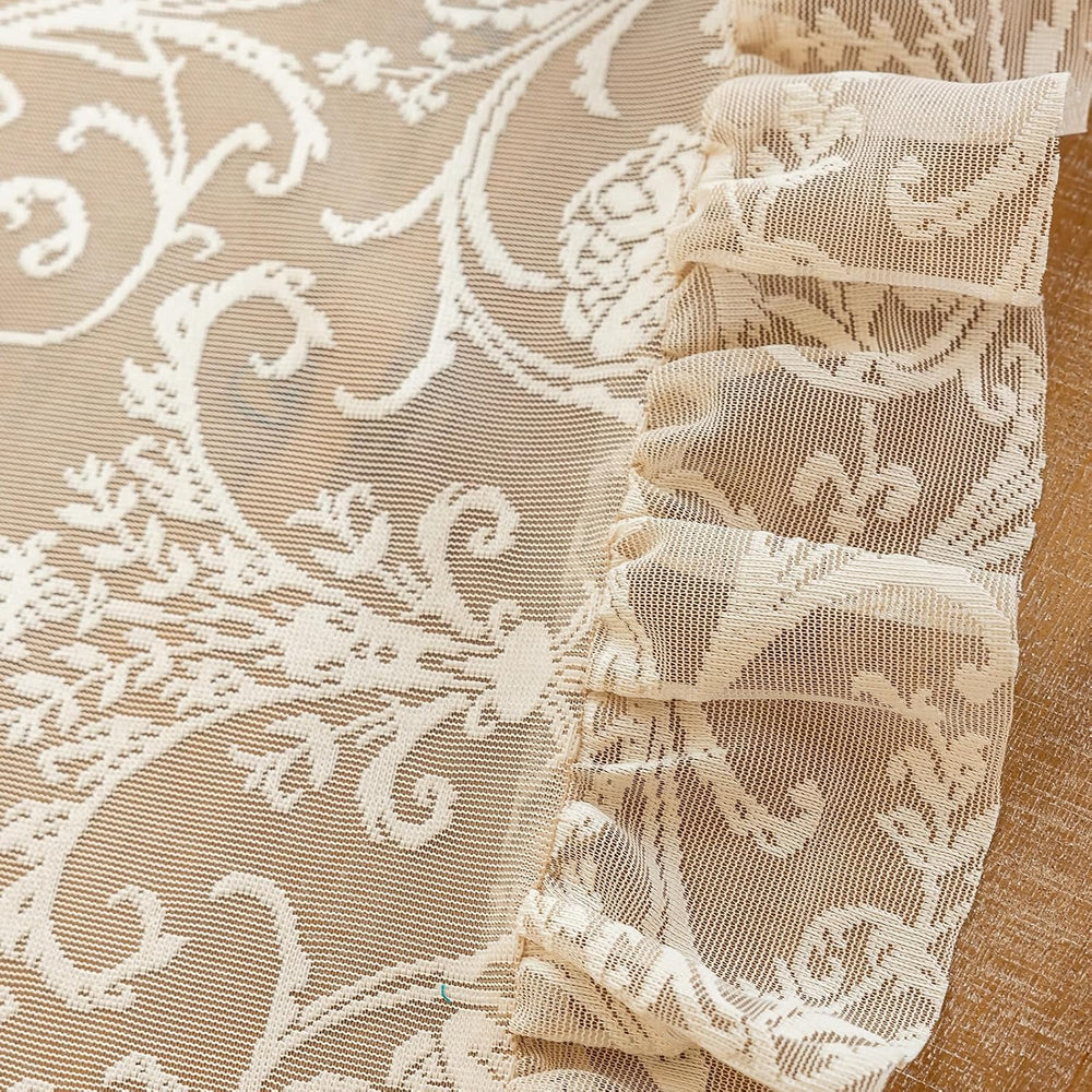 TUDECO Beige Lace Curtains 84 Inches Long, Vintage Ruffle, 2 Panels
