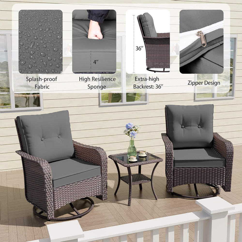 ALAULM 7-Piece Outdoor Swivel Rocking Chair Set with 40,000 BTU Round Fire Pi...