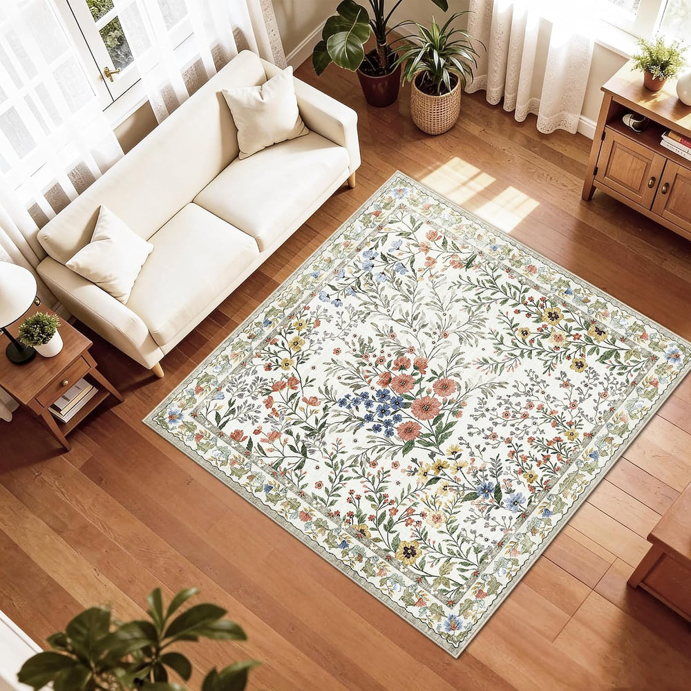5x5 Living Room Area Rug Washable: Floral Non-Slip Mats for Indoor Floor Entr...