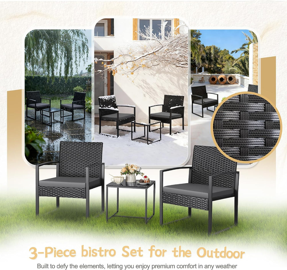 Greesum 3 Piece Wicker Conversation Bistro Sets Outdoor Patio Set(Grey)