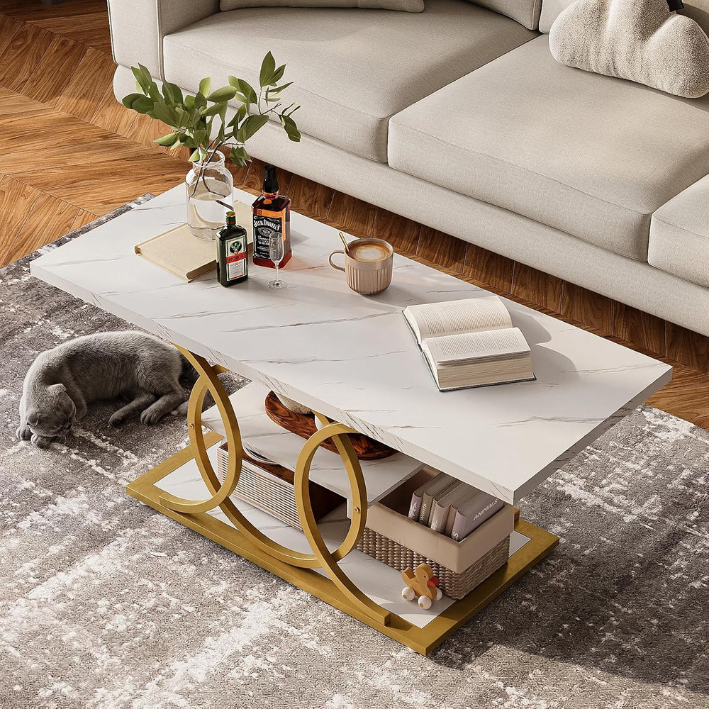 GiftGo Rustic Coffee Table with Storage Modern 3 Tier Center Living Room Tabl...