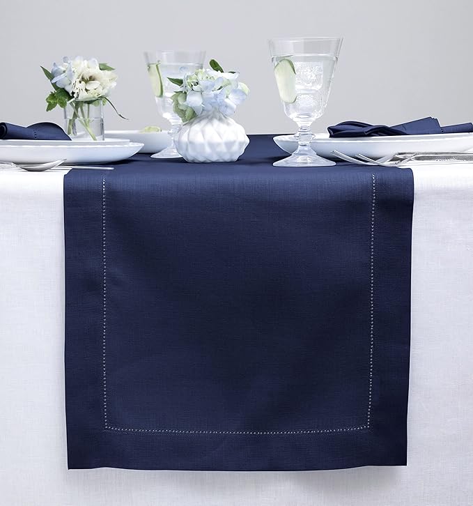 Solino Home Linen Navy Blue Table Runner 72 Inches Long - 100% Pure Linen Hem...