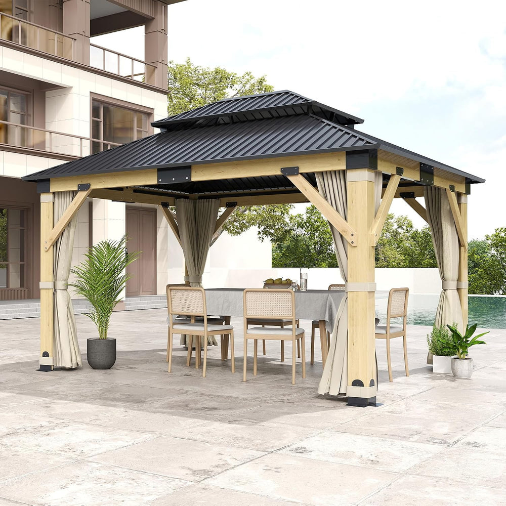 11x13FT Wood Gazebo, Outdoor Wooden Gazebo with Galvanized Steel Double Roof,...