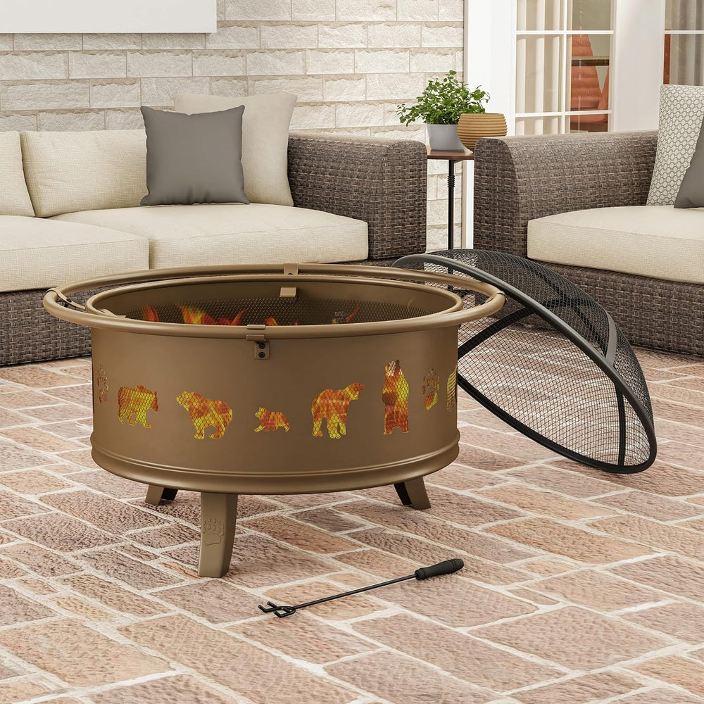 Pure Garden 50-LG1202 32” Outdoor Deep Fire Pit-Round Large Steel Bowl with B...