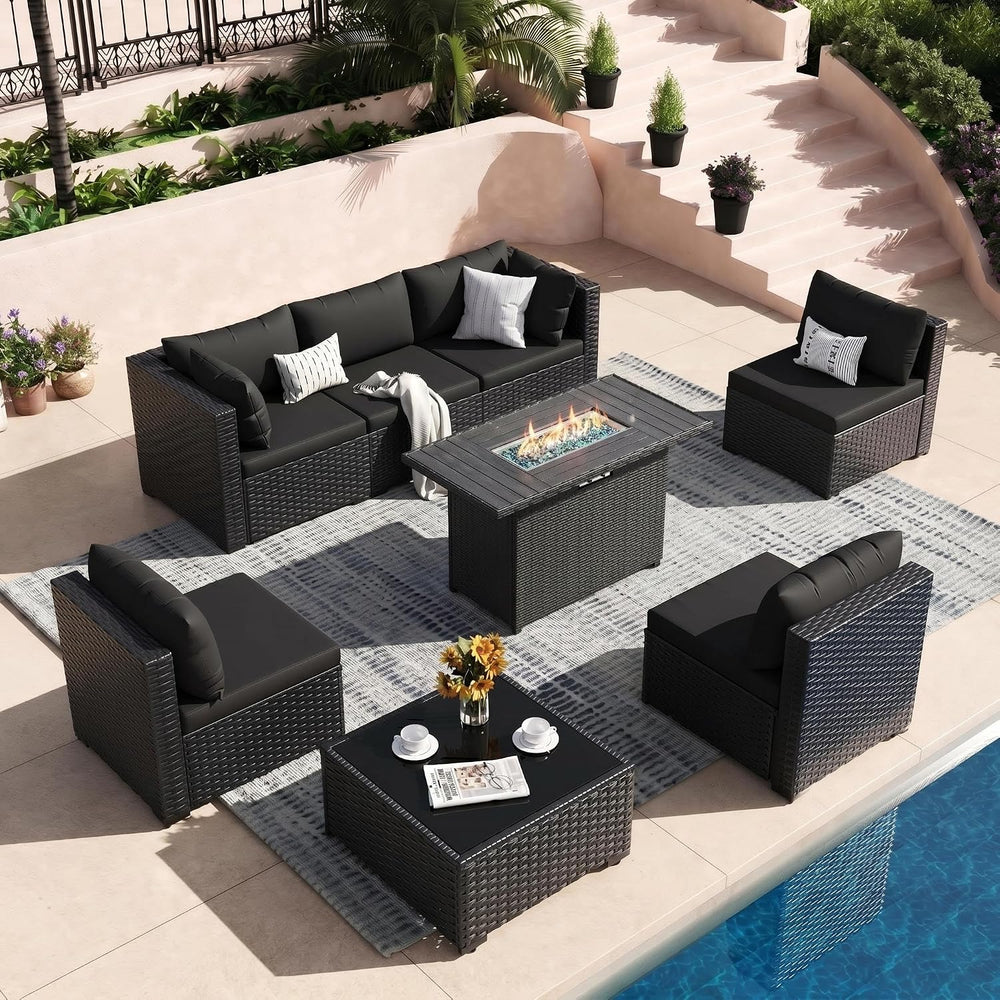 8 Piece Patio Furniture Set with 43" Fire Pit Table, Black