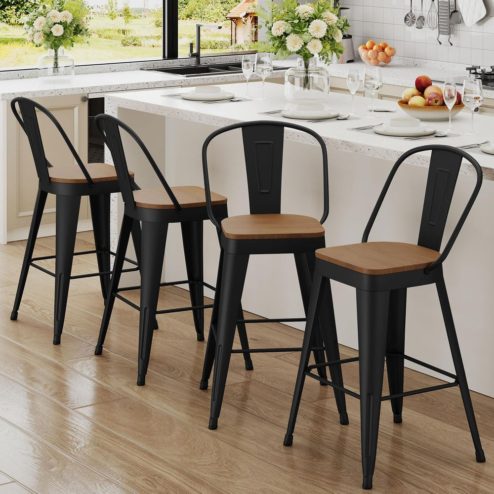 Andeworld Metal Bar Stools Set of 4, 24" Counter Height with Backs, Black