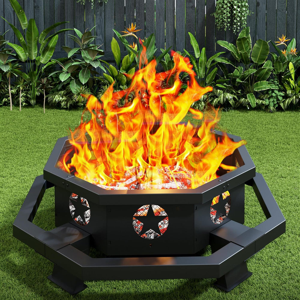 45 Inch Fire Pit for Outside Wood Burning, Outdoor Octagonal Fire Pit with Po...