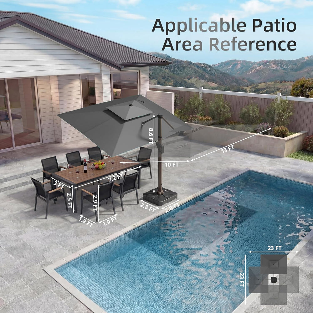 10 X 13 FT Cantilever Patio Umbrella with Base & Lights