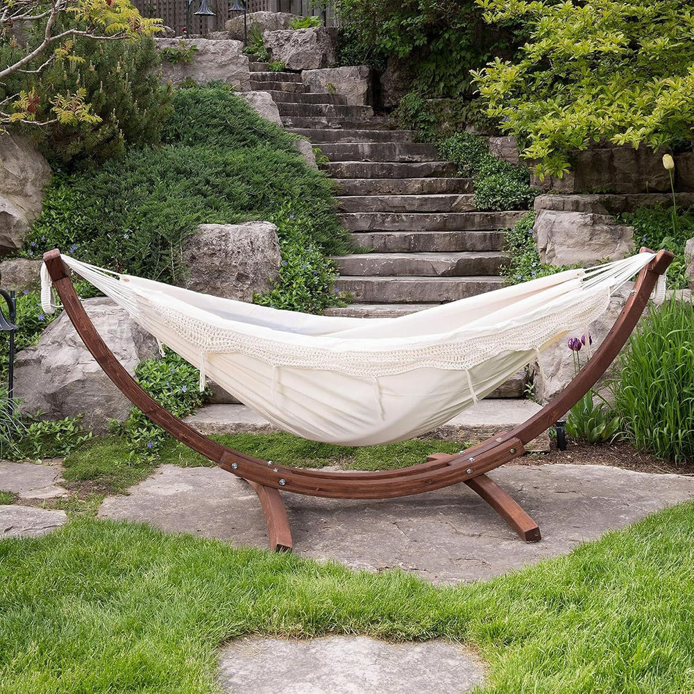 Vivere Double Cotton Hammock with Solid Pine Arc Stand - 450 lb Capacity, Dur...