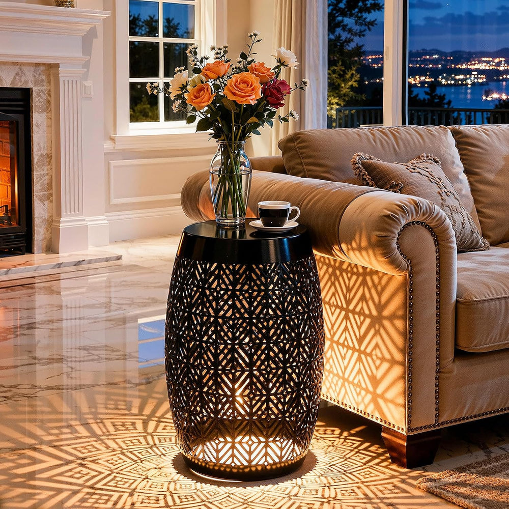 18" Metal LED Outdoor Side Table, 3-Mode Lights, Modern Drum Design