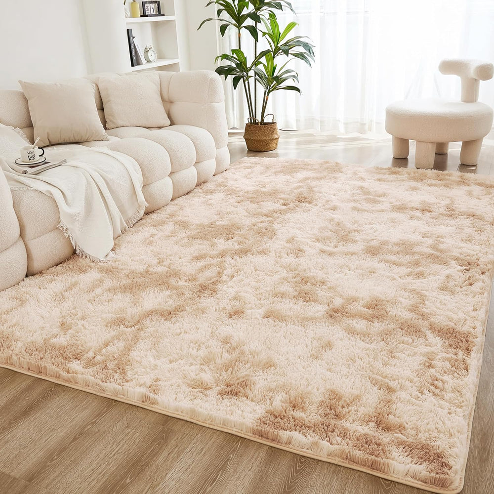 Litanika 6x9 Shag Area Rug for Bedroom, Tie-Dyed Beige Plush Rug
