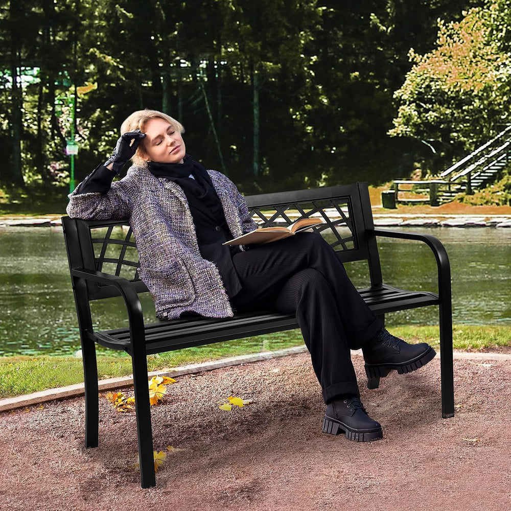 VEVOR Outdoor Bench, 46" Iron Steel Frame Garden Park Bench with Mesh Pa...