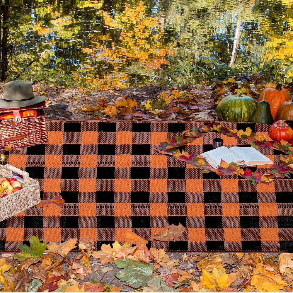 Tinideya 4' x 6' Fall Outdoor Rug, Plaid Buffalo, Orange and Black