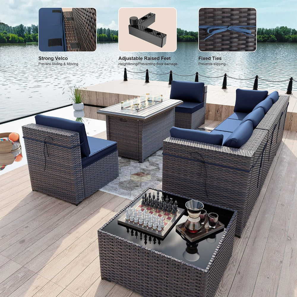 Kullavik 8 Piece Outdoor Wicker Patio Furniture Set with Fire Pit Table