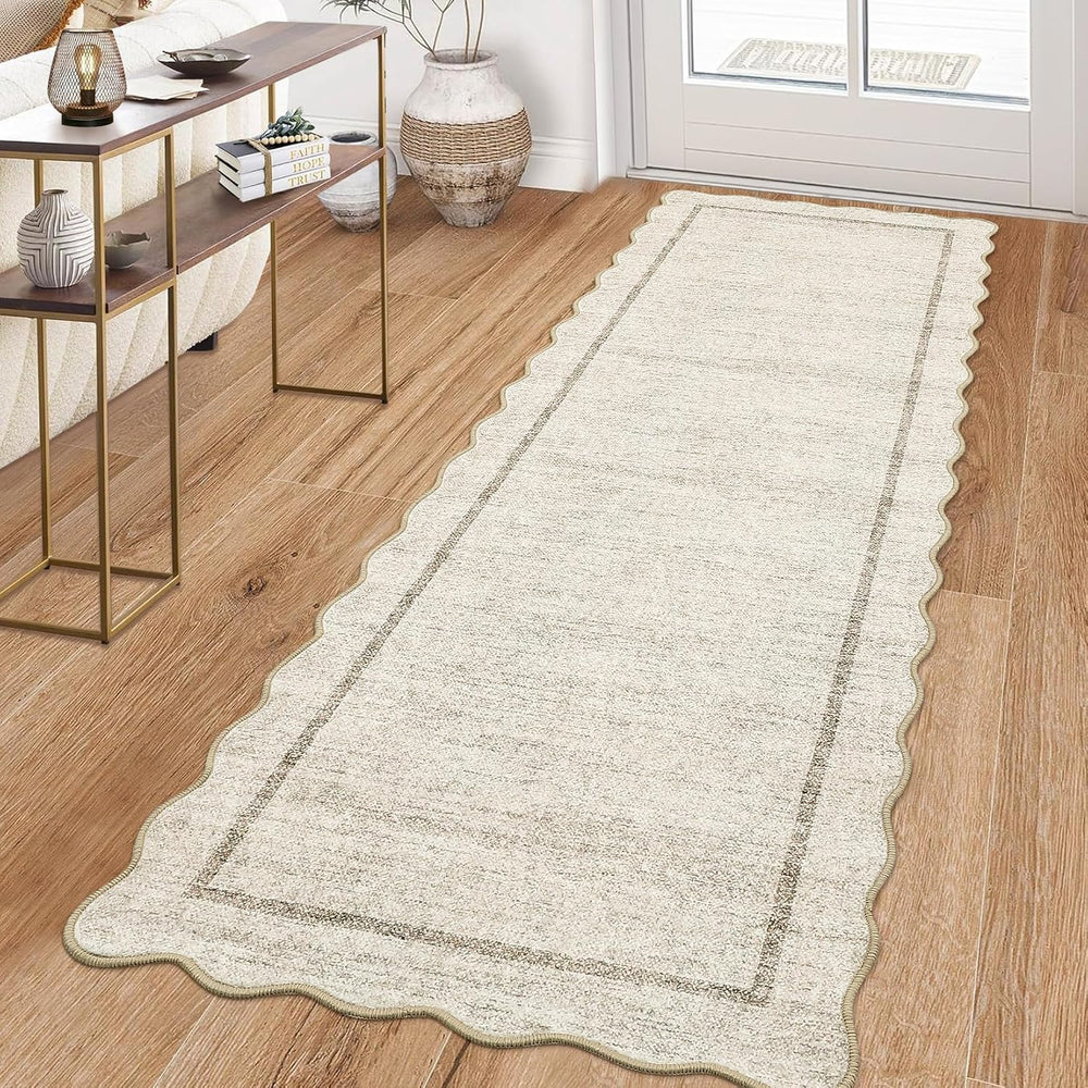 GarveeHome Scalloped Washable Kitchen Runner Rug 2x8 Non Slip Beige