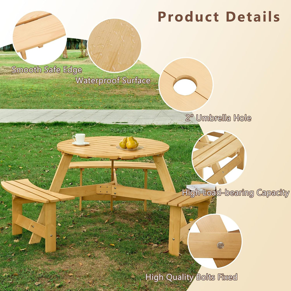 Round 6 Person Outdoor Picnic Table with 3 Built-in Benches