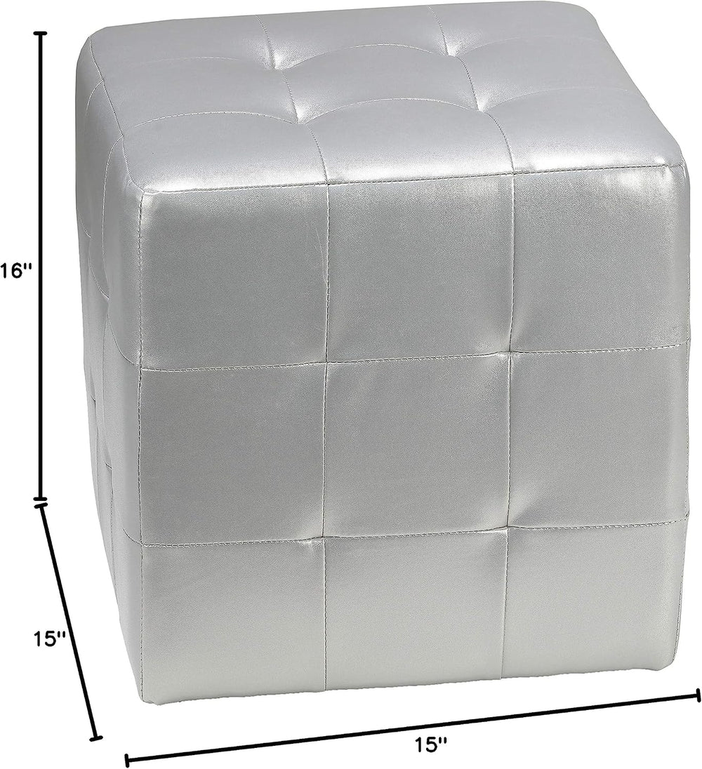 Cortesi Home Apollo Cube Ottoman in Metallic Silver Faux Leather