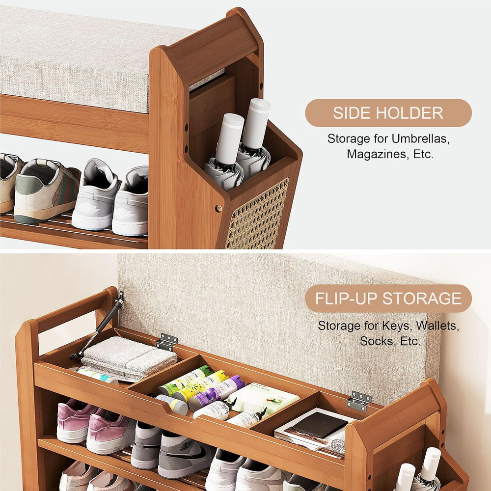 PETKABOO 31.5" Bamboo Shoe Rack Bench with Storage, 3-Tier Entryway Benc...
