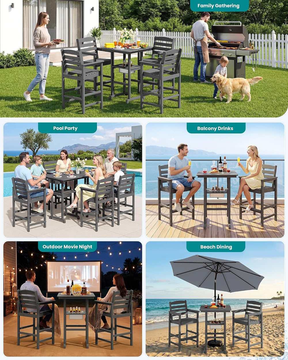 SERWALL 8 Pieces Outdoor Bar Chairs Table with Ice Bucket Set, Grey