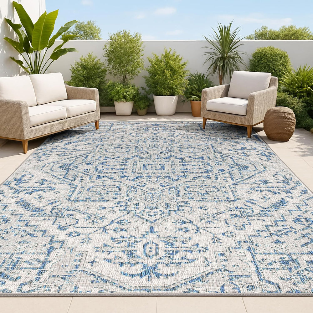 JONATHAN Y Boho Medallion Indoor Outdoor Area Rug 9X12 Navy/Gray, Estrella Te...