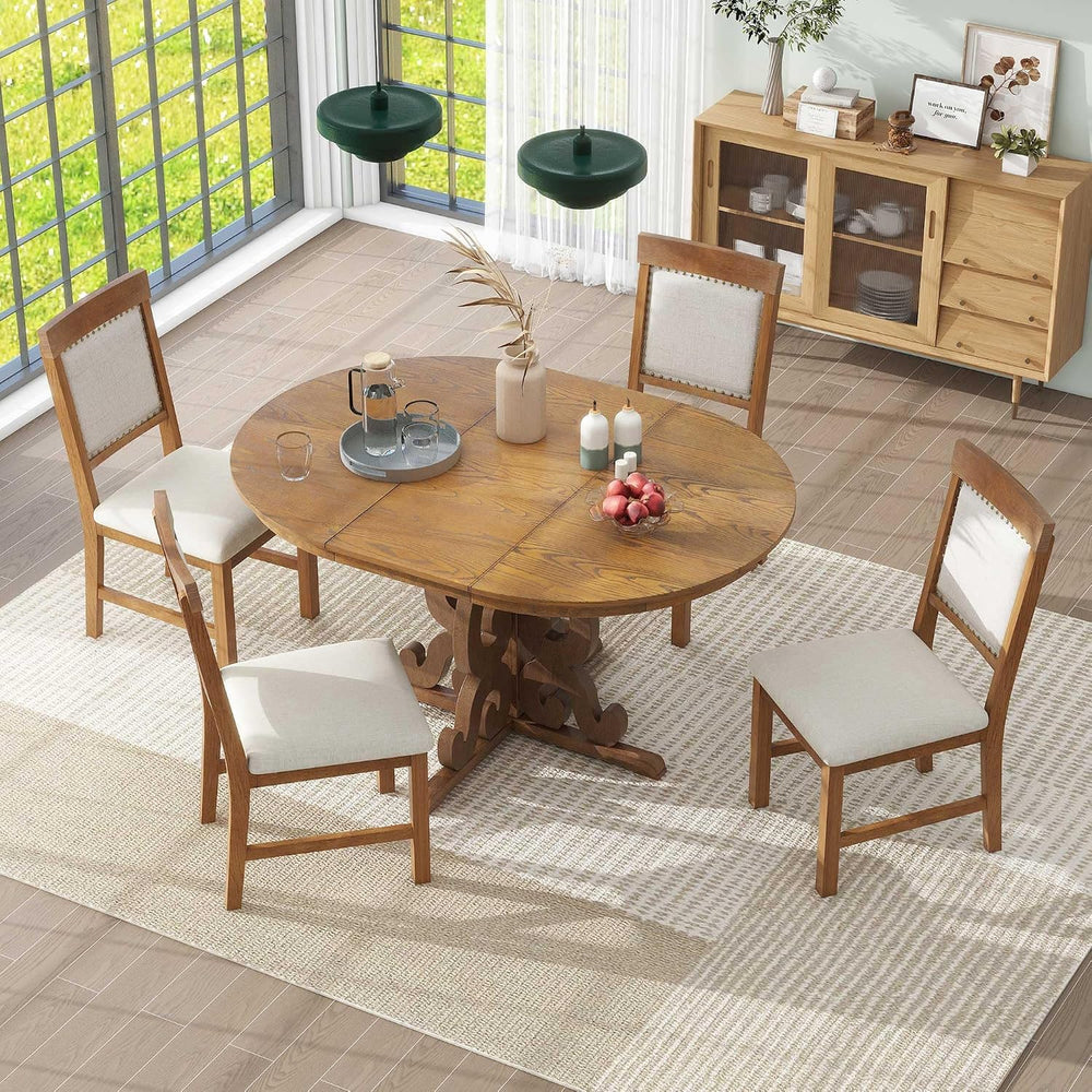 Merax Dining Table Set for 4, Extendable Round Tabletop, Upholstered Chairs
