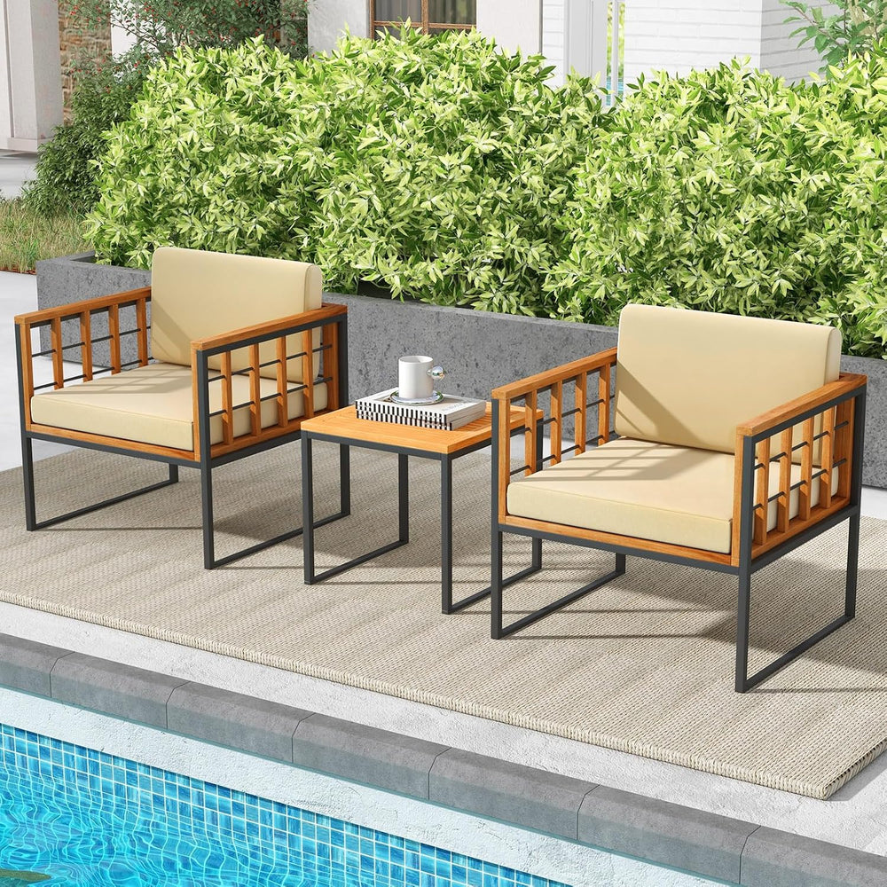 Tangkula 3 Pieces Patio Chair Set, Acacia Wood Outdoor Sofa Set with Metal Su...