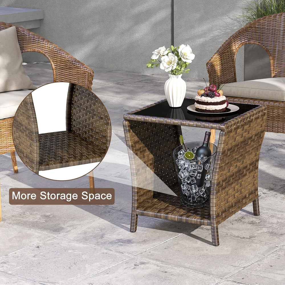 Outdoor Wicker Side Table, Rattan End Table, Glass Top,Patio Garden