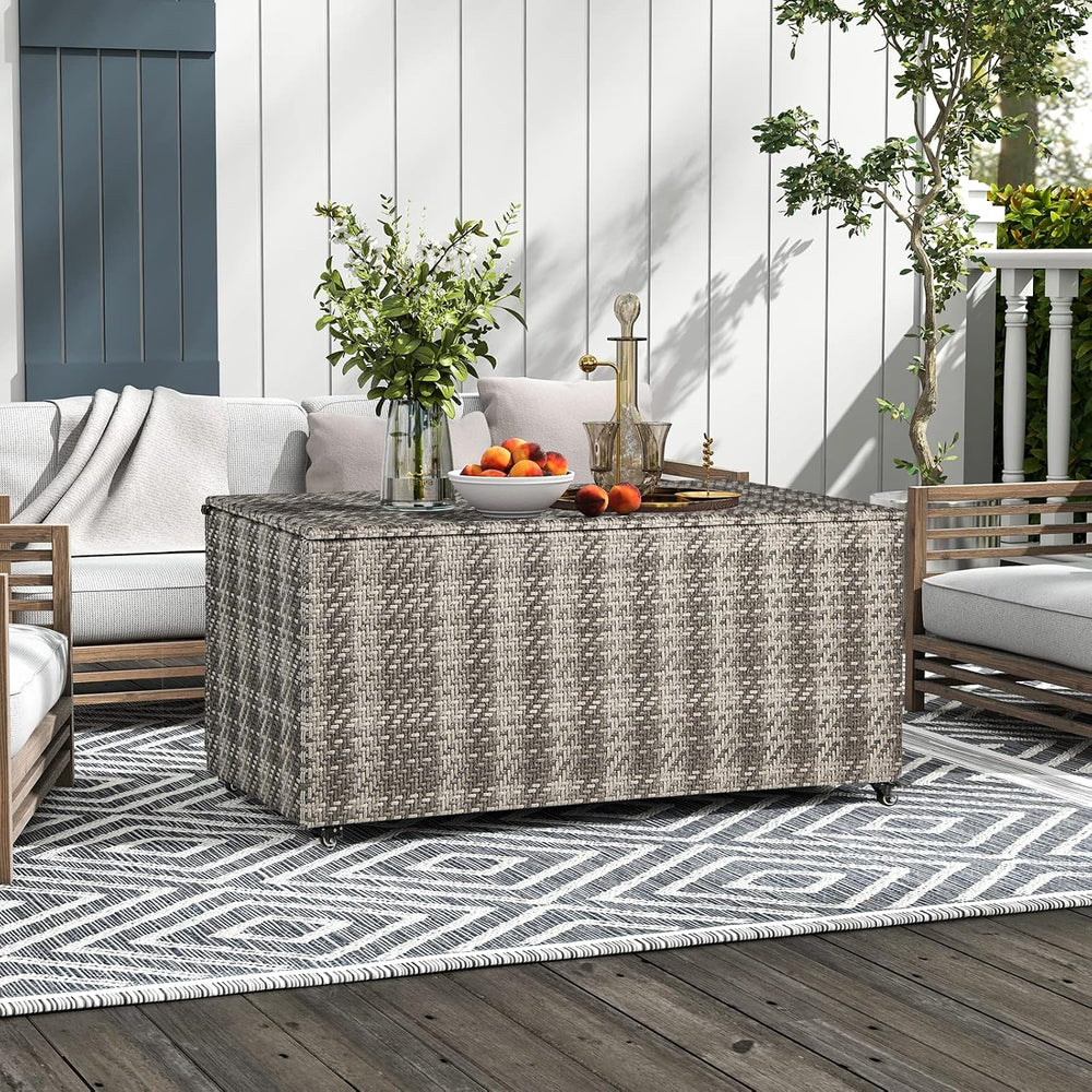 Giantex 96-Gallon Outdoor Storage Box - PE Wicker Deck Box with Lid, 4 Wheels...