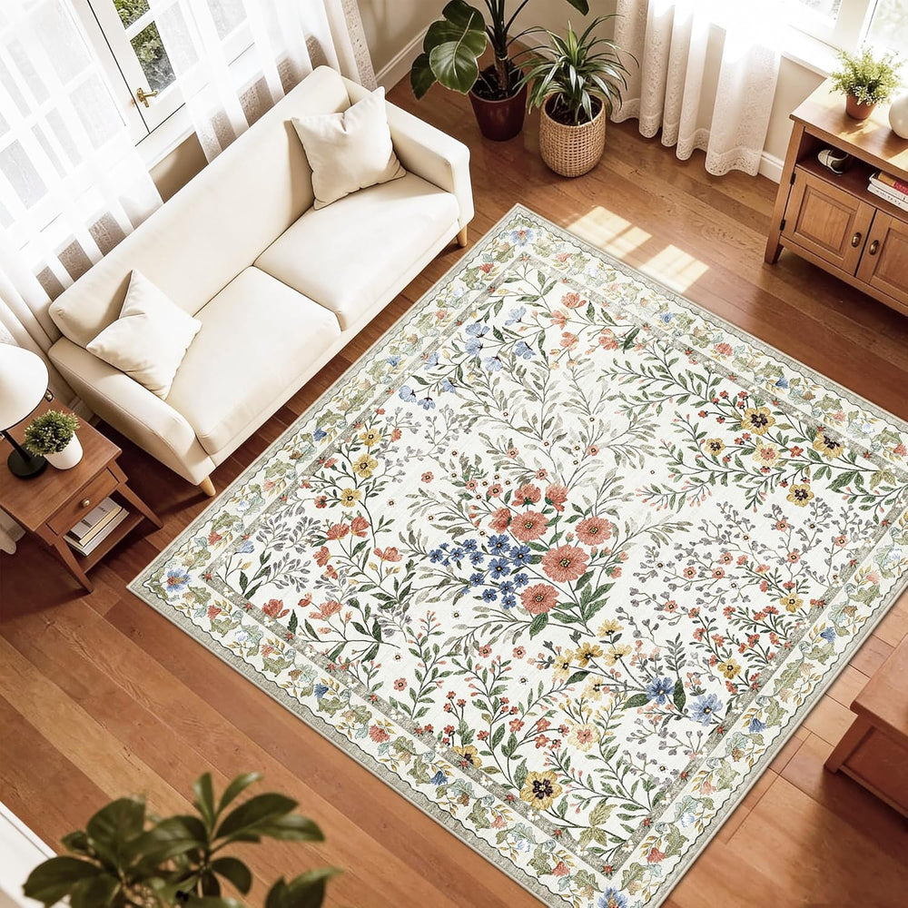 6x6 Washable Area Rug Living Room: Floral Non-Slip Washable Mat for Indoor Fl...
