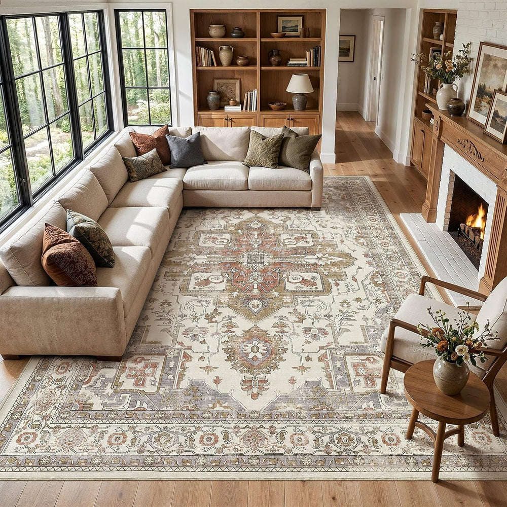 Vintage Washable 9x12 Area Rug for Living Room, Golden Taupe