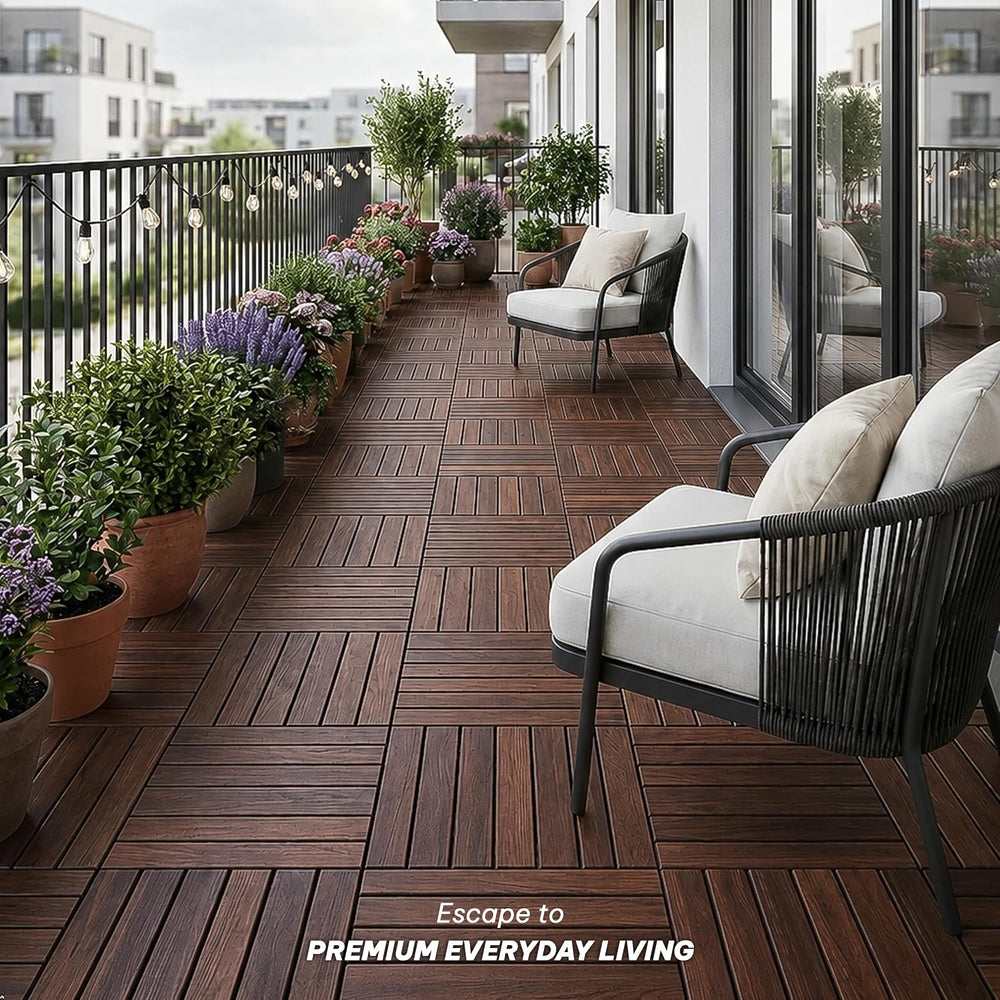Acacia Interlocking Deck Tiles, 9 PCS Wood Flooring, 6 Slats, Walnut