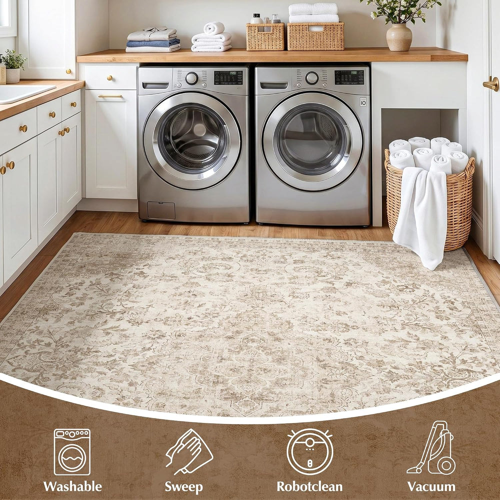 Beauoop 8x10 Washable Beige Neutral Vintage Oriental Area Rug for Bedroom