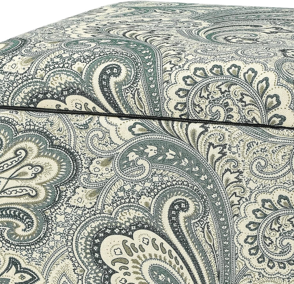 Adeco 18" Cube Storage Ottoman in Blue Paisley, Upholstered Linen Foot S...