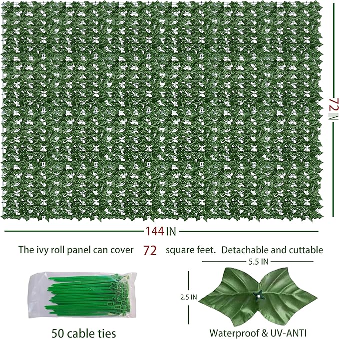 Artificial Ivy Privacy Fence Wall Screen: 72 x144 in UV-Anti Faux Greenery Ba...